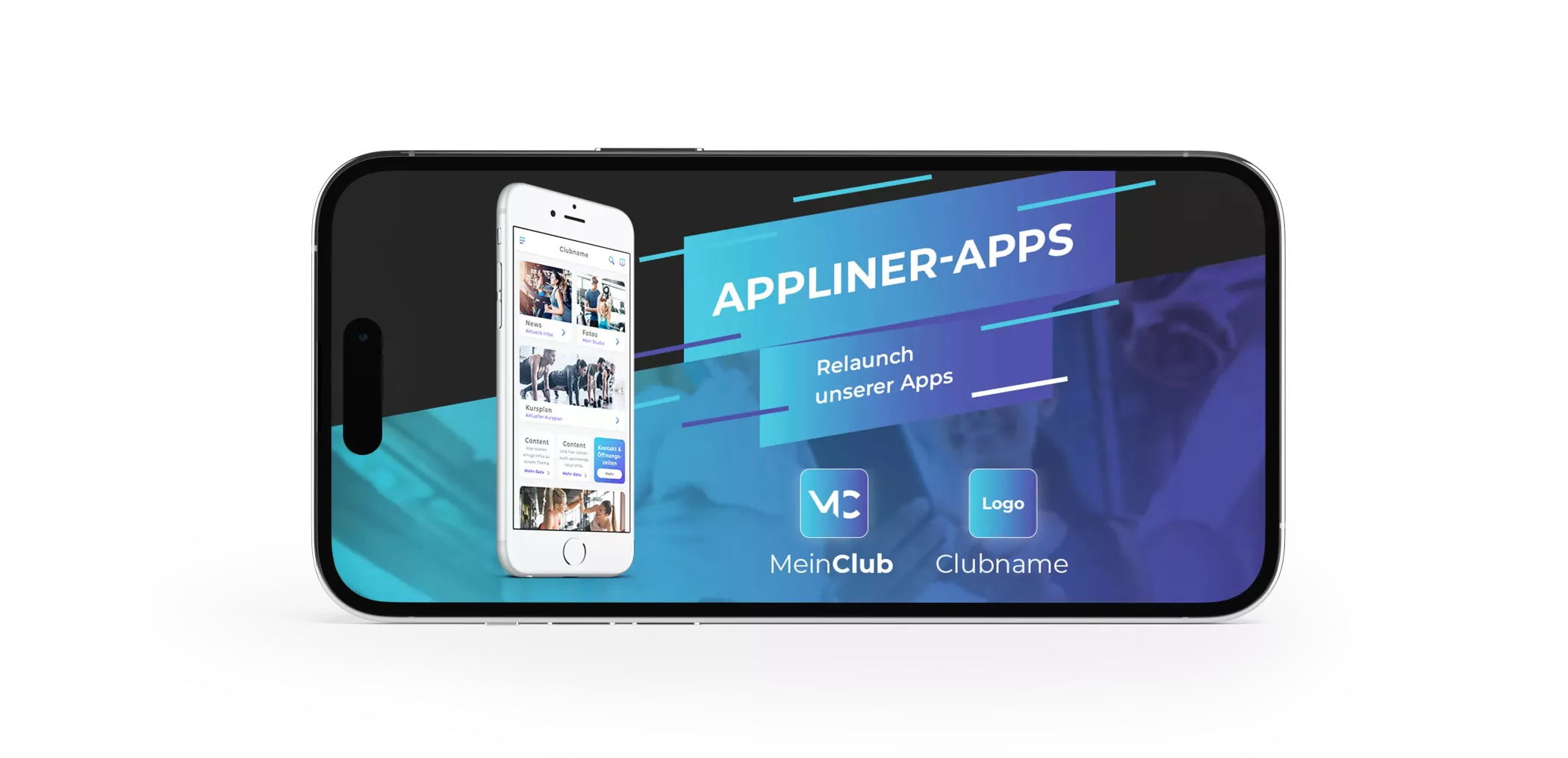 iPhone zeigt eine Werbung für die App der Marke Mein Club im Querformat.