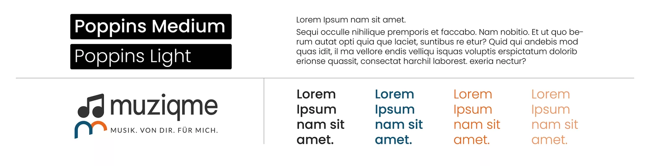 Übersicht von Logo und Schriftsätzen der Marke Muziqme.